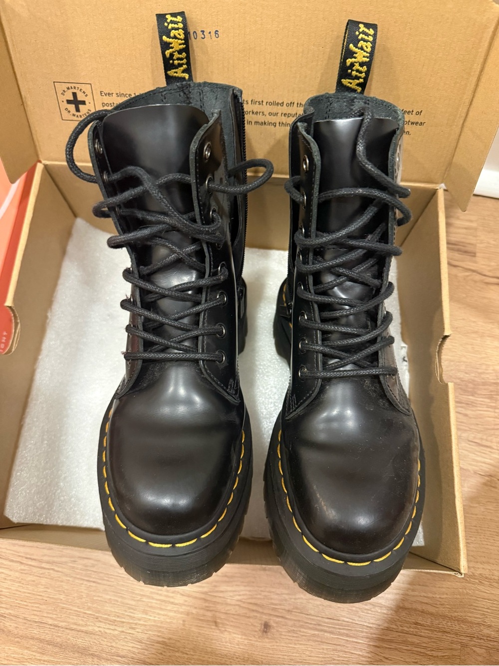 Dr. Martens Black Leather Combat Boots with Yellow Stitching - Picture 2 of 4
